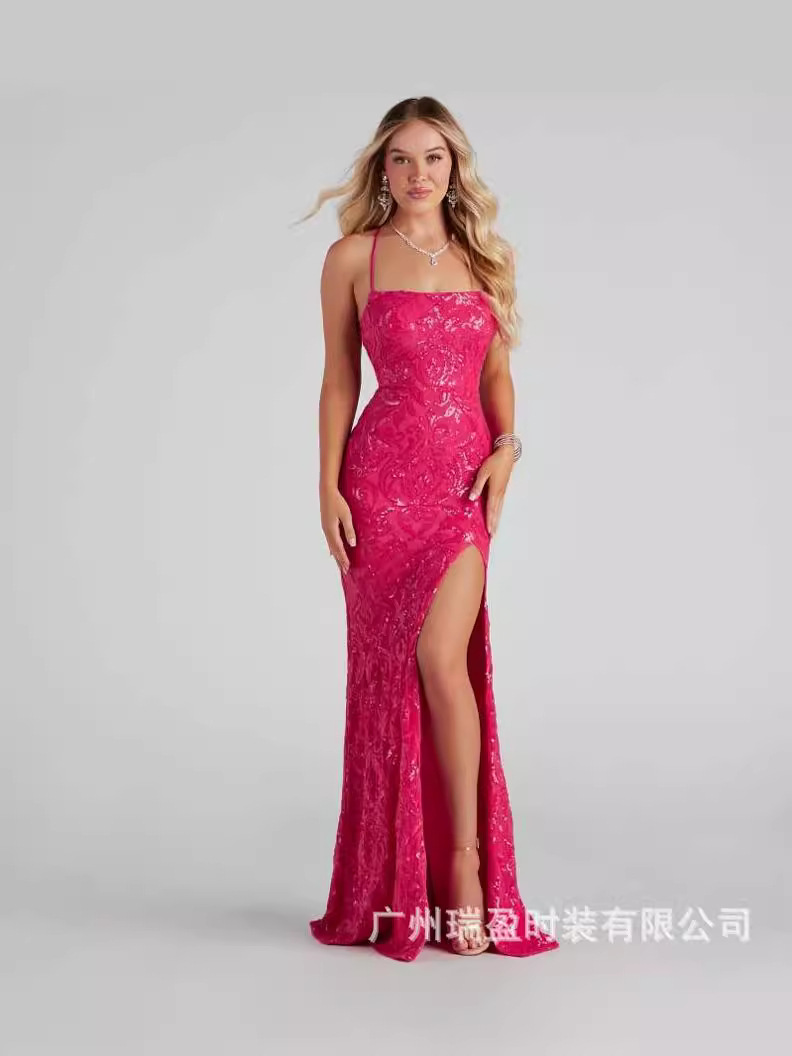 Cross-border new European and American sexy off-neck sequined floor evening dress elegant split banquet party dress