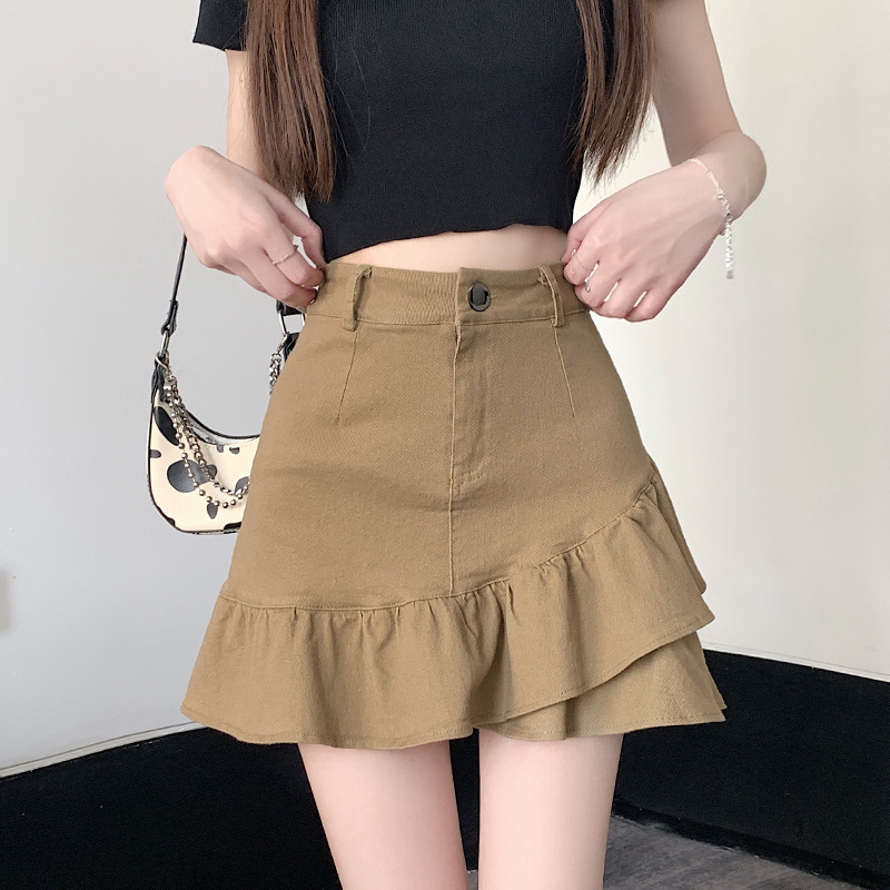 High waist slimming A-line versatile denim skirt, skirt short skirt, summer new 2025 fishtail ruffle hip cover