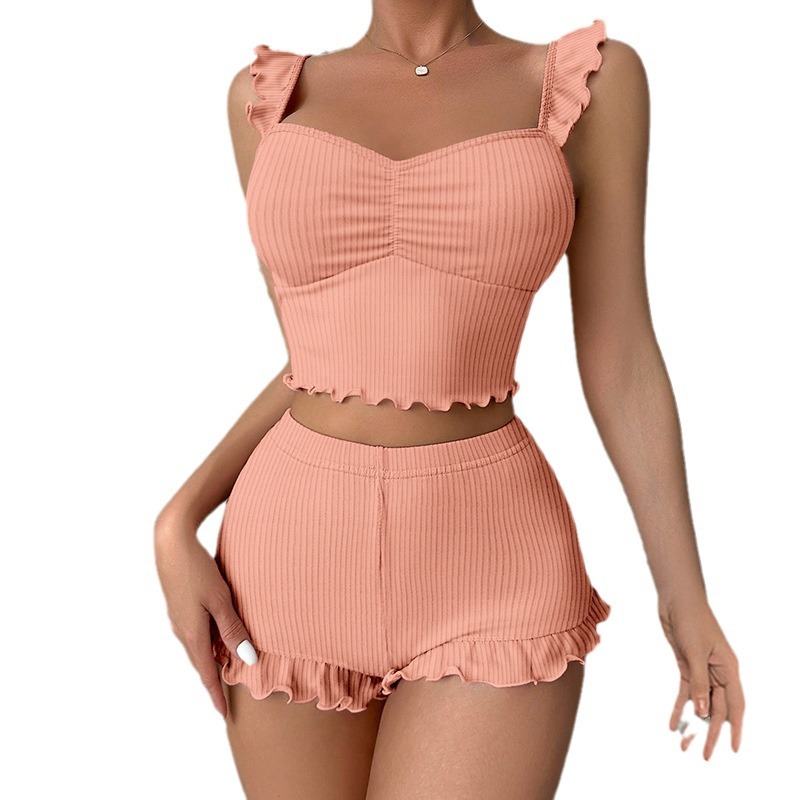 Picture of Small Flying Sleeves Sexy Suspender Pajamas for Women Pit Striped Twisted Shorts European and American Style Cross-Border Women's Simple Casual Home Wear