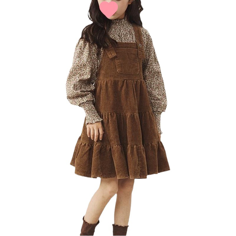 Girls' Floral Retro Suspender Skirt Two-Piece Set for Older Children in Spring & Fall, Cute and Versatile Dress Set for Girls