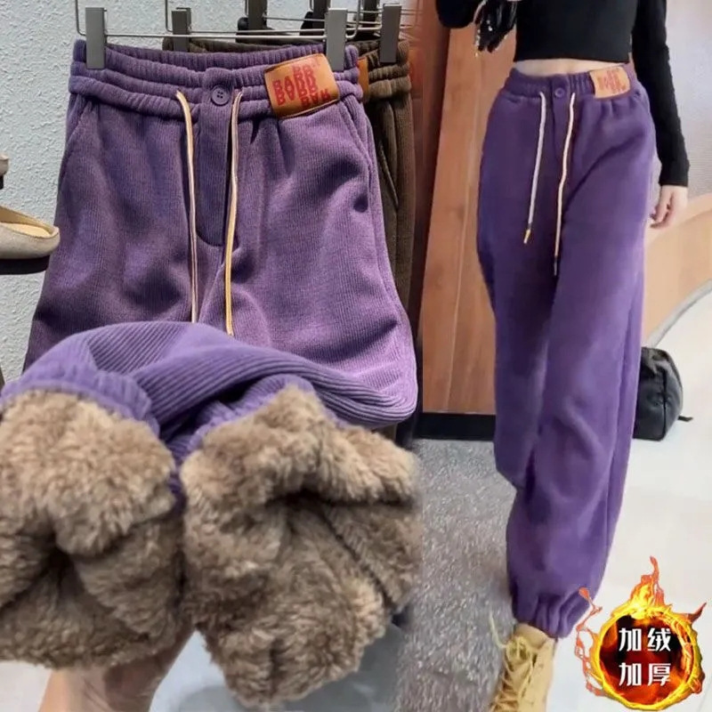 European Cotton Velvet Fleece-Lined Sweatpants for Women Autumn and Winter 2023 New Sweatpants Loose Leg-Tie Casual Lamb Velvet Warm Cotton Pants
