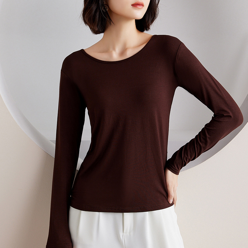 Picture of Women's Round Neck Inner Base Shirt for Autumn and Winter plus size Thin Autumn Clothes Solid Color Underwear Long-sleeved T-shirt for Women