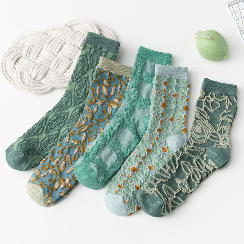 Socks for Women Spring and Autumn Thin ins Trendy Socks Fashionable Green Embossed Sweat-Absorbing Stockings Autumn and Winter Cotton Women Socks