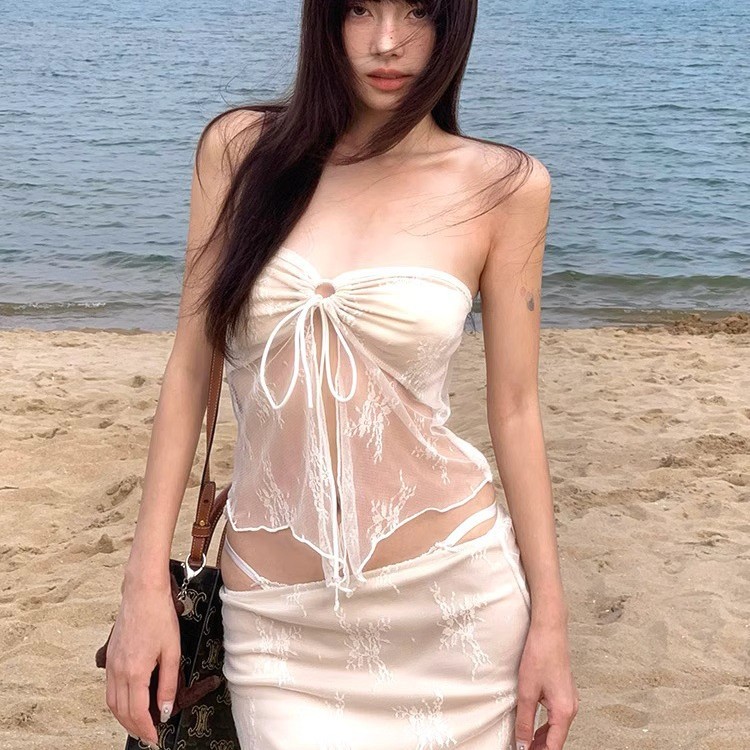 Thailand's New Niche Design Sense Island Holiday Photo Sexy Lace Tube-length Split Dress Hot Spring Swimsuit Women
