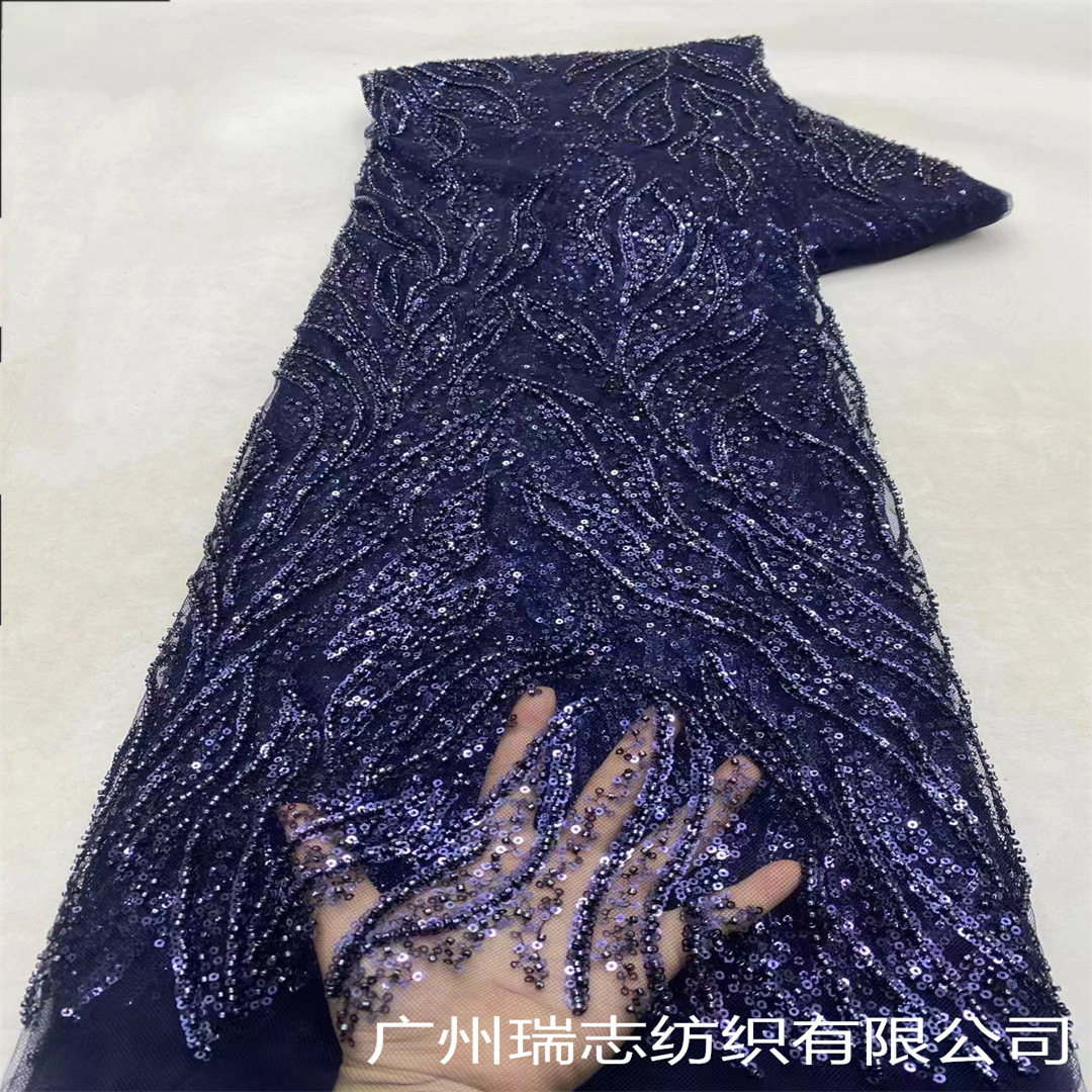 navy blue Mesh Fabric Heavy Industry Bead Circulating Plant Embroidery Dress Sequin Bead Tube Bridal Clothing Embroidered Cloth