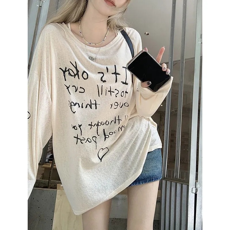 Letter Printing Long-sleeved Sunscreen T-shirt Women's Summer Korean-style 2024 New Thin Lazy Style Loose Air Conditioning Blouse