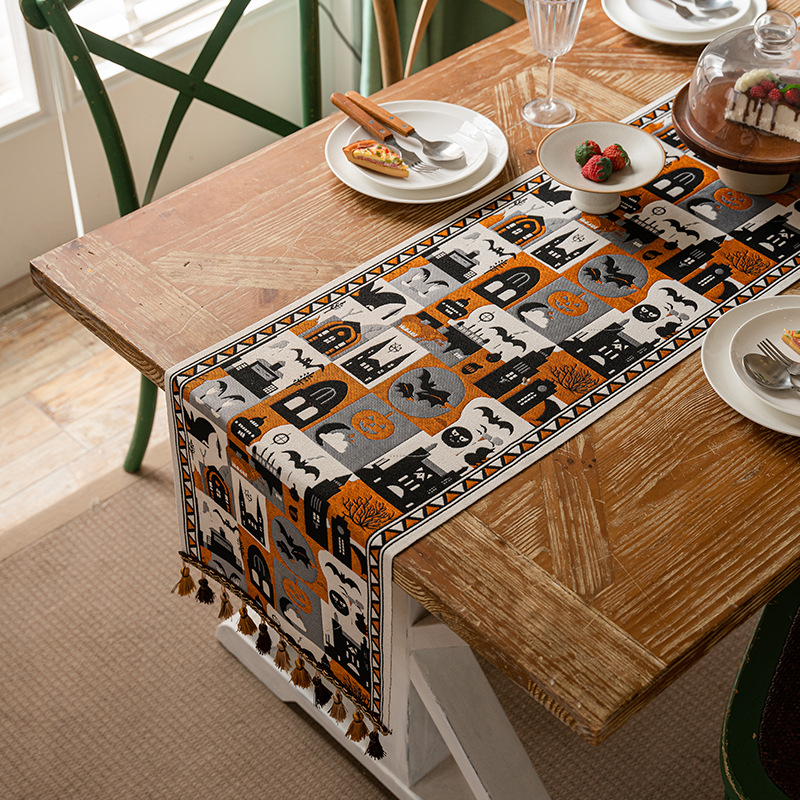 Cross-border New Halloween Atmosphere Table Flag Yarn-dyed Jacquard Fabric Tablecloth Party Dinner Decoration Table Towel Cover Towel