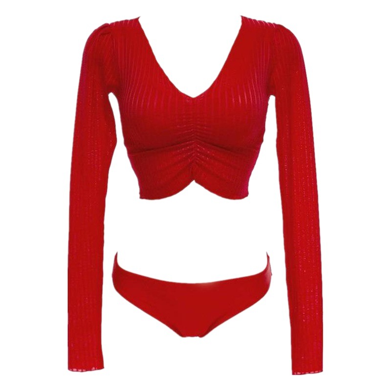 Sexy Bikini Three-Piece Long-Sleeved Mesh Split Swimsuit Bikini Small Chest Swimsuit Hot Spring Swimsuit