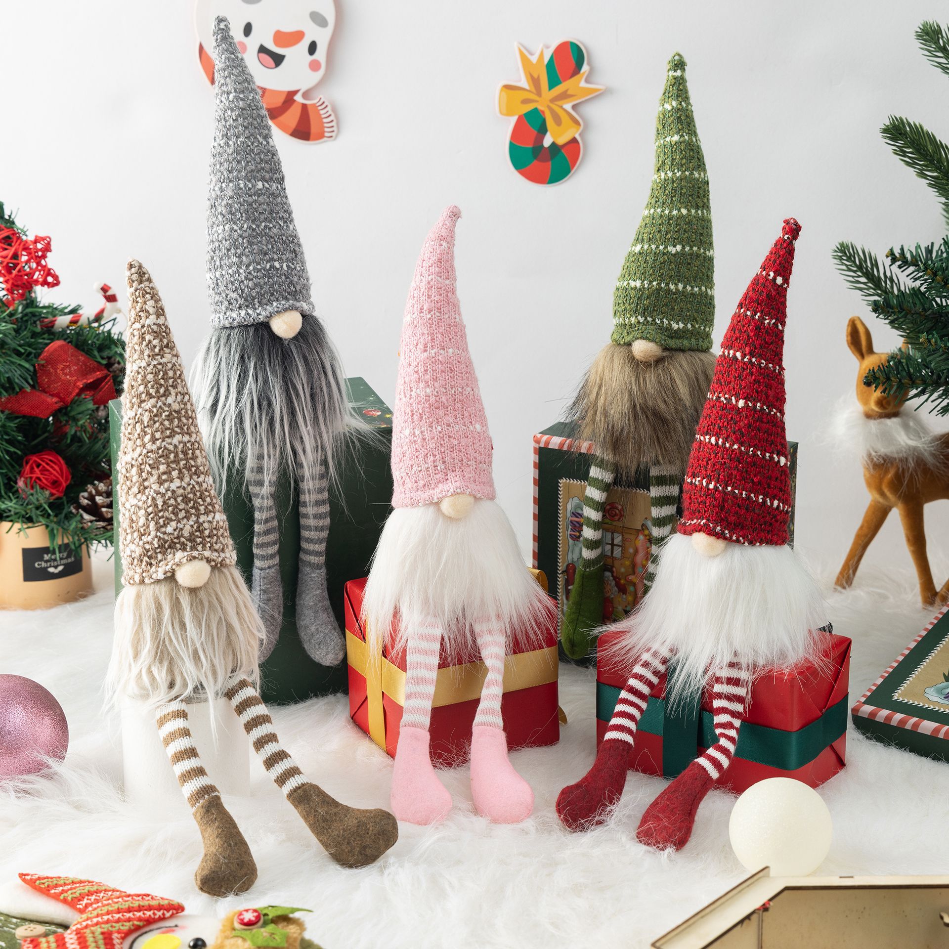 Cross-border faceless doll dwarf ornaments Christmas decoration supplies striped knitted hat Rudolf hanging leg doll