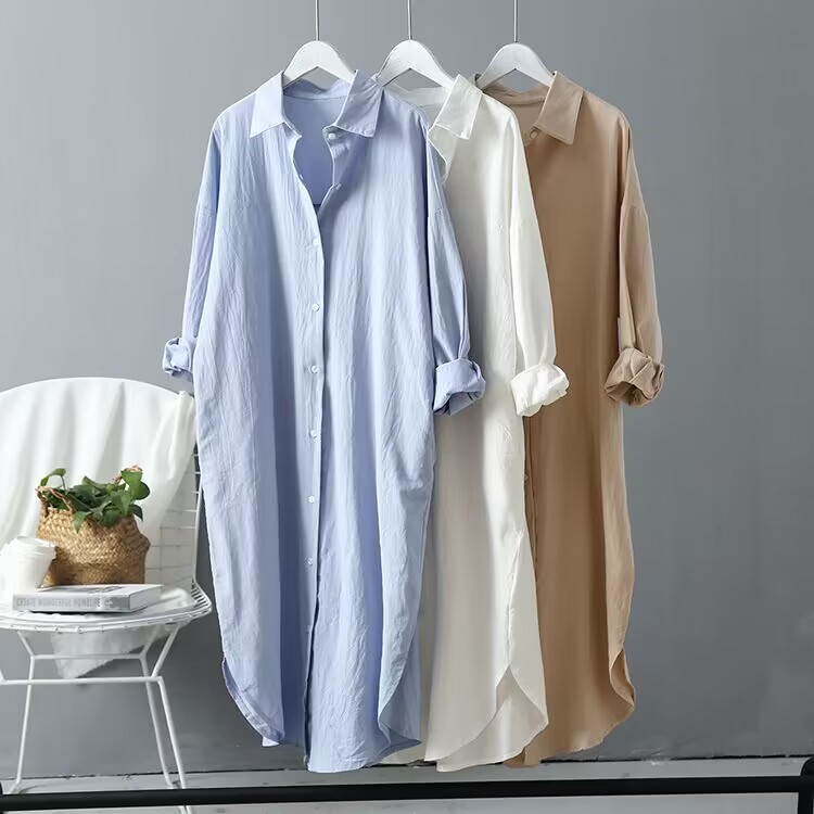 Picture of 25 Shirts for Women Spring & Fall Cotton and Linen Fashionable Korean Style Pure Color Versatile Tops Mid-Length Loose Shirts Long-Sleeved Large Size Tops