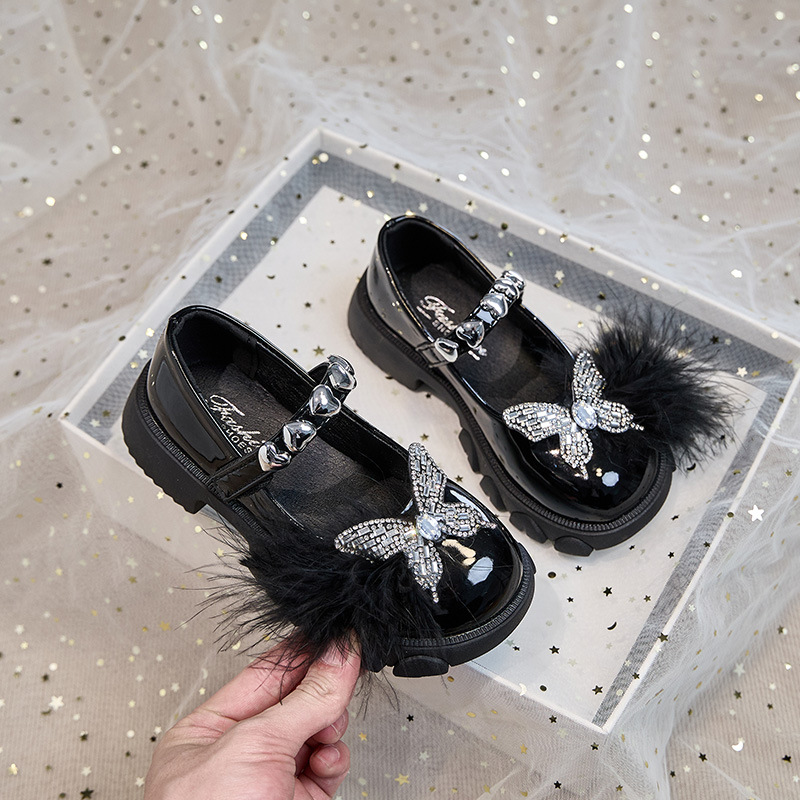 Little High-Heeled Girls Princess Shoes Spring & Fall 2025 New Girls Leather Shoes with Dress Soft Sole Kidsren's Crystal Shoes Flats