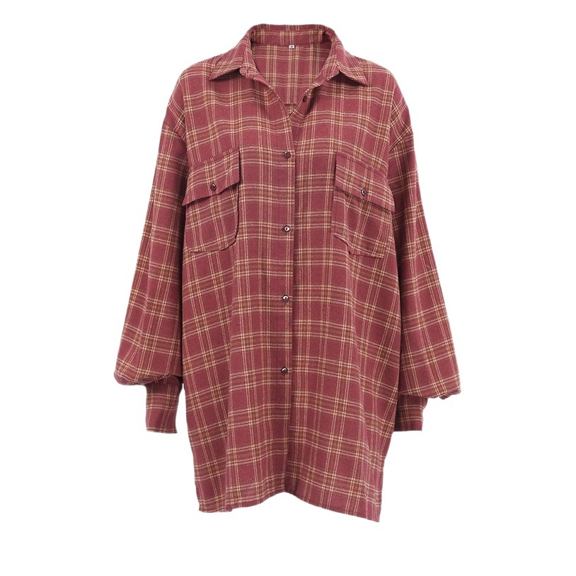 American Retro Brick Red Scottish Plaid Loose Shirt 2025 Autum New European and American Plaid Shirt Women's Clothing