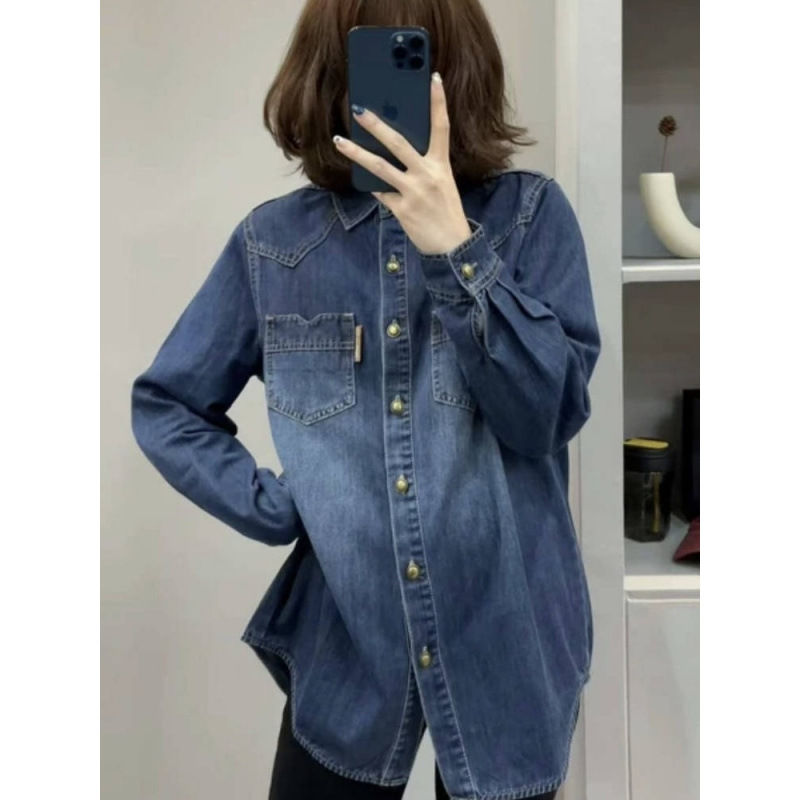 Vintage Denim Shirt Women's 2024 Autumn Loose Long-sleeved Mid-length Stacked-up Shirt Design Niche Shirt