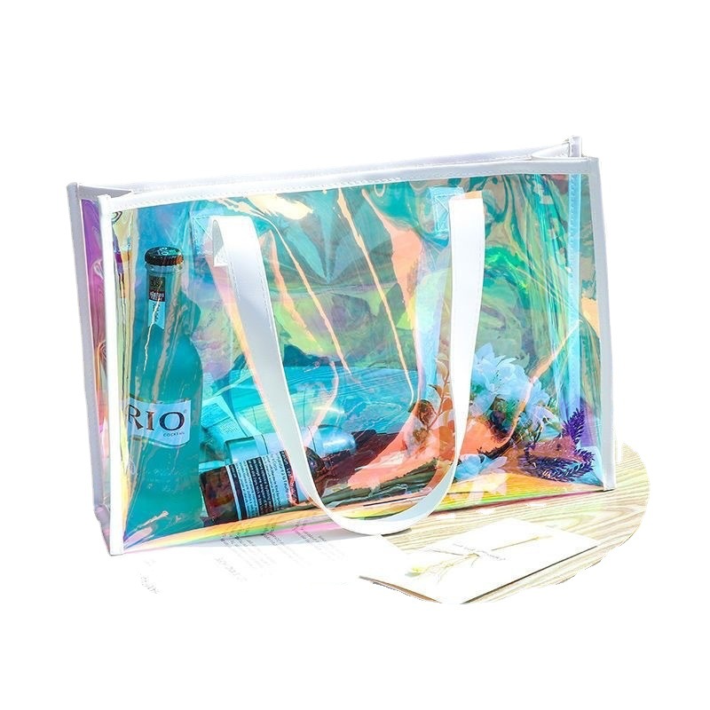 Colorful laser PVC Bag Magic shopping tote bag portable transparent plastic bag net red hand gift bag wholesale