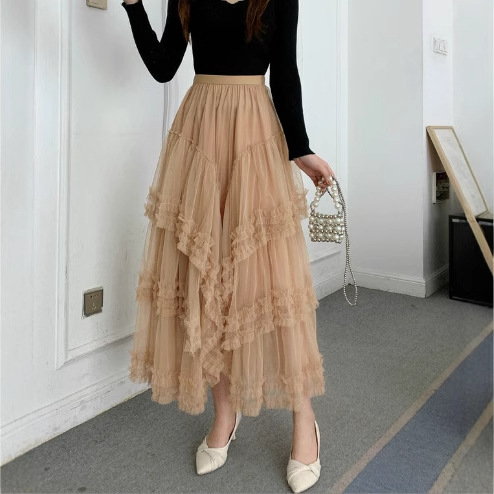 2025 spring new hip covering slimming multi-level high-level sense gauze skirt high-level sense skirt fairy skirt