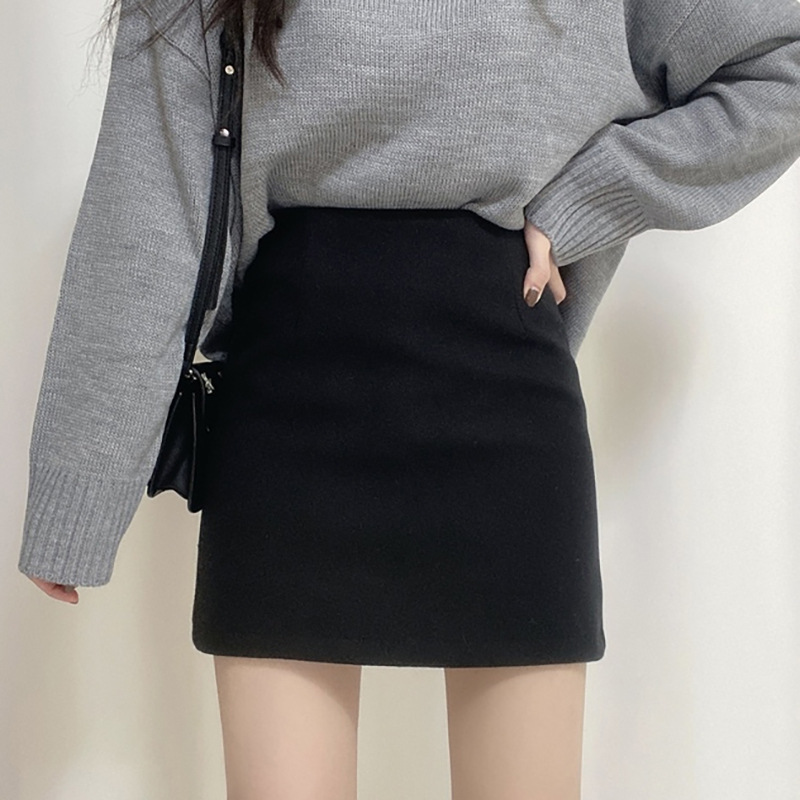Black Woolen Skirt Women's Autumn and Winter 2021 New High Waist Hip Slimming Tight Sexy A- Line One-Step Skirt