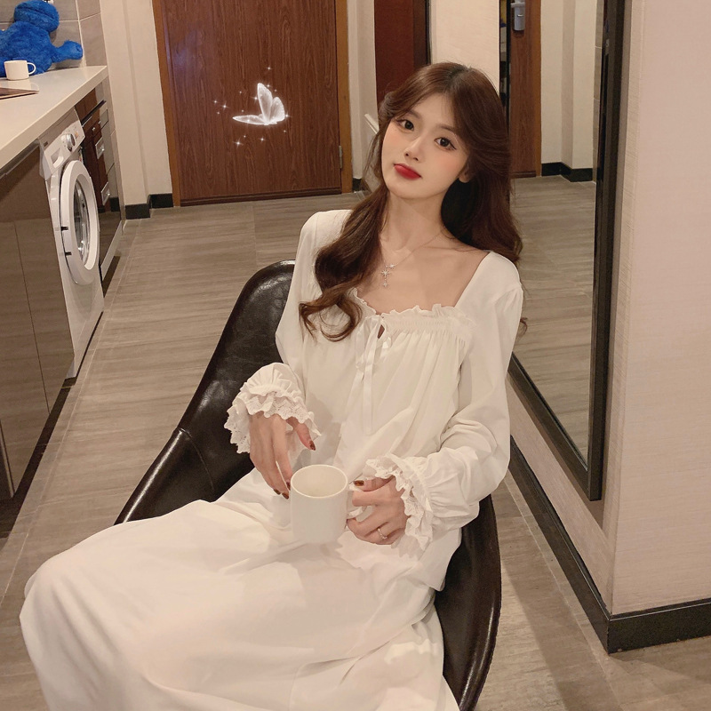Pajamas Women's Spring and Summer Nightdress Women's Palace Style Long Sleeve Lace New Korean Style Cute Princess Home Dress Long Dress