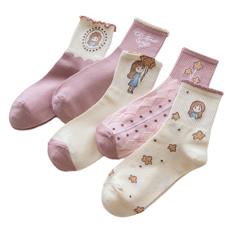 Socks women's socks pink little girl flower curling socks cute bubble mouth small fresh cartoon Korean students