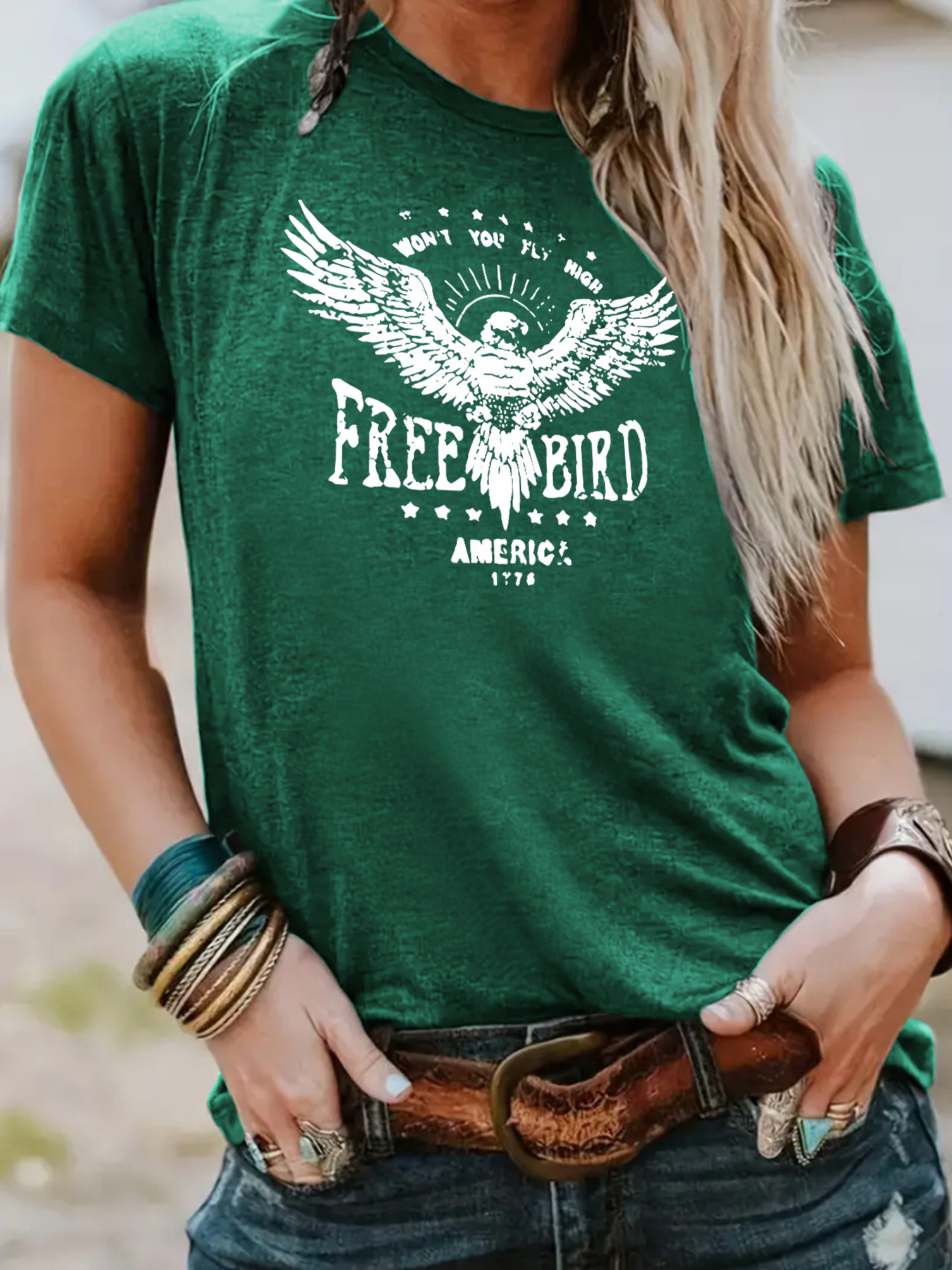 Picture of European and American independent station cross-border temperament T-shirt female in stock FREE BIRD eagle printing summer new short sleeve wholesale