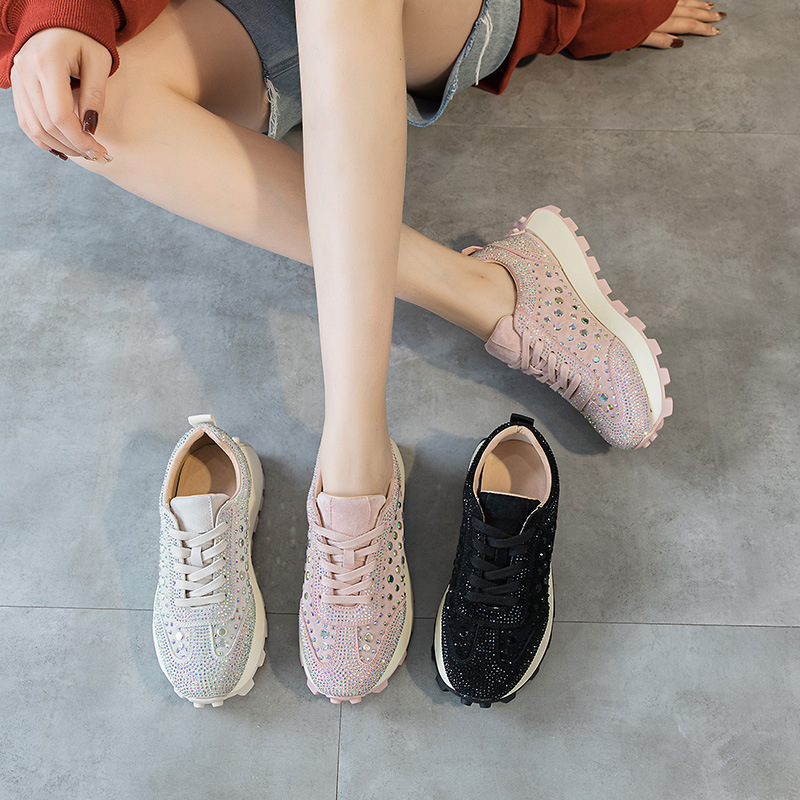 Thick-Soled Rhinestone Leather Forrest Gump Shoes for Women 2023 Spring New Versatile Breathable Casual Dad Shoes Pink Sneakers