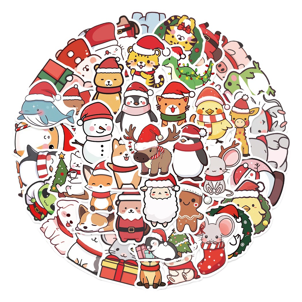 50 new cartoon animal Christmas stickers children's holiday party gift decoration waterproof Christmas stickers