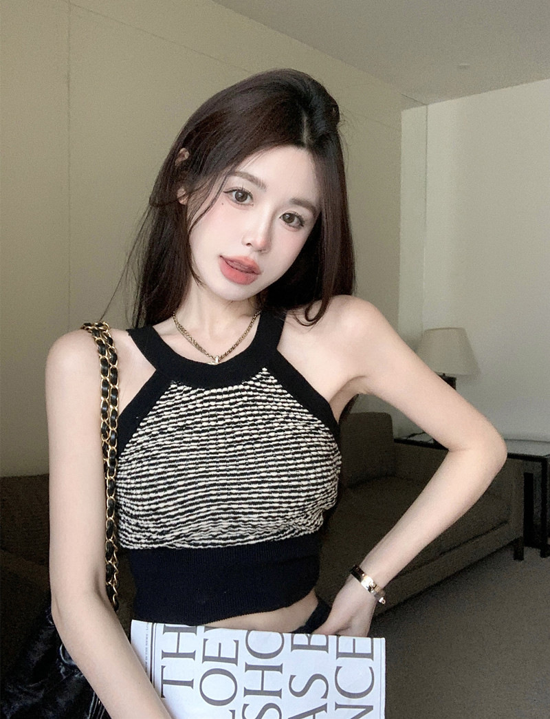Picture of Sweet hot girl knitted camisole women's summer outer wear black halter short tight design inner top