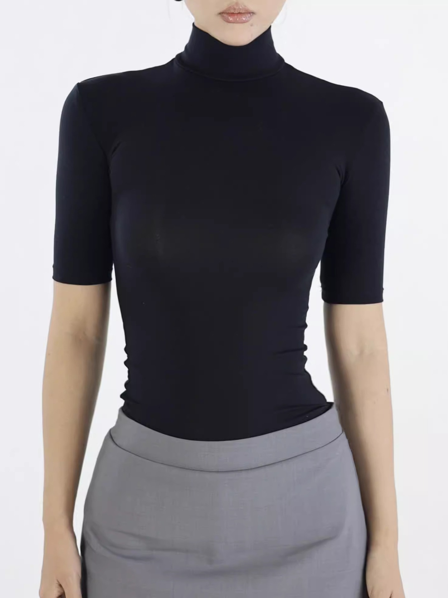 Spot Retro Tencel Lycra Skin-Fribottomly High Collar Right Shoulder Five-Quarter Sleeve T-Shirt Sexy Slim Thin Bottoming Summer Top
