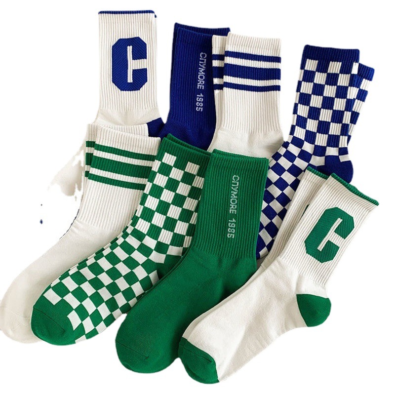 K-Style of Student Popular Spring & Fall Ins Blue Letter C Mid-Calf Socks Checkerboard Stockings Sports GreenSocks