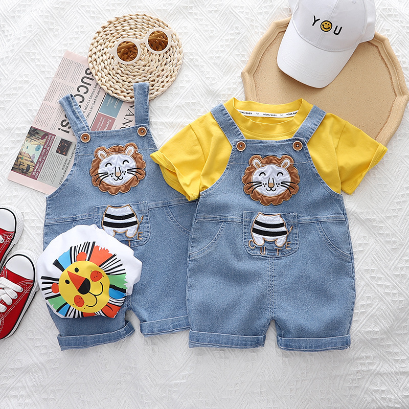 Picture of Children's Korean-style summer suit Boy's cartoon lion short-sleeved girl's baby Denim suspender pants one-piece delivery