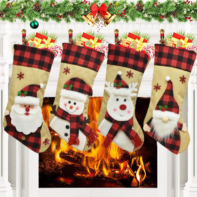 2024 New Spot Christmas Decorations Plaid Socks Old Man Snowman Deer Linen Semi-Dimensional Christmas Socks