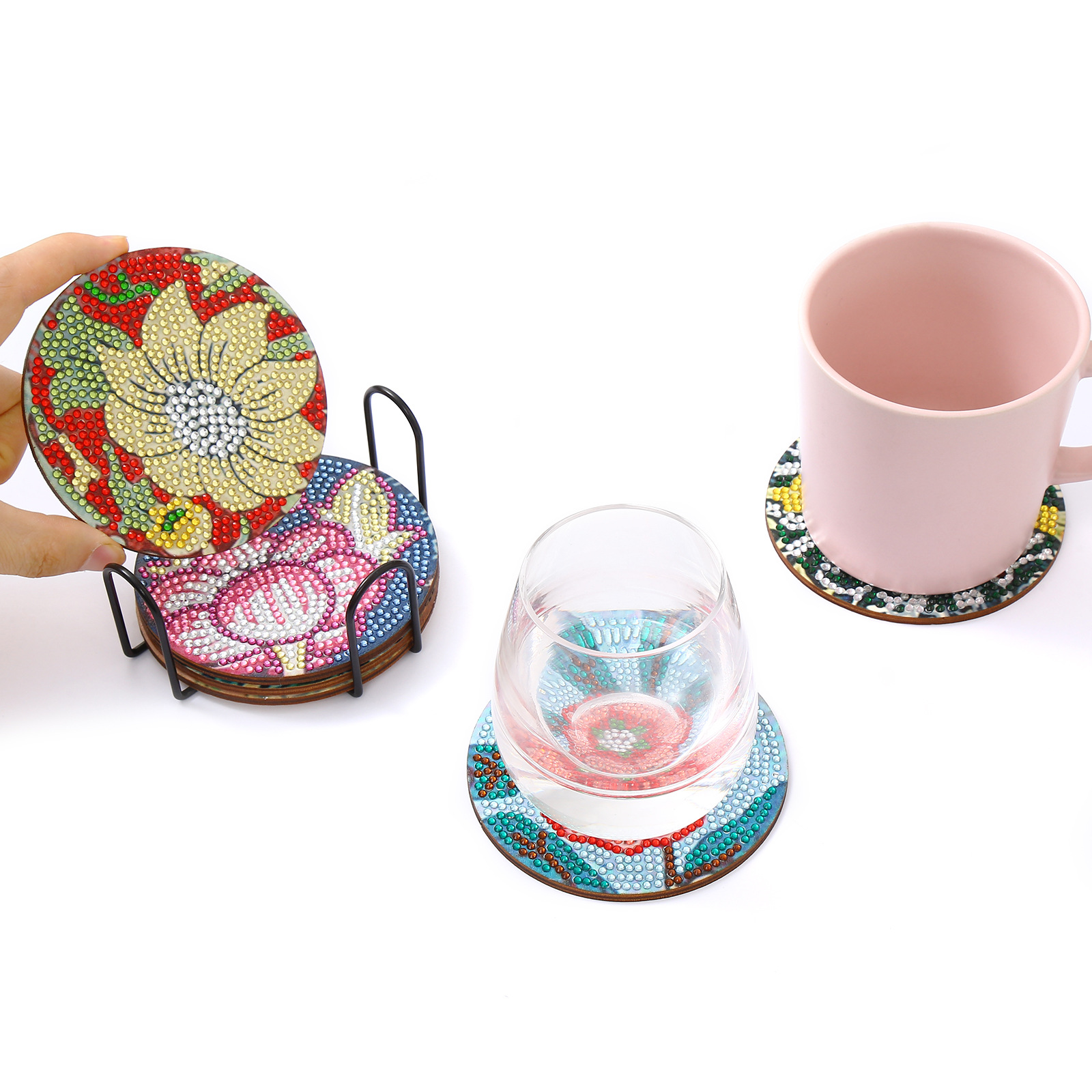 Picture of Hot Selling on Independent Station 5D Handmade DIY Wooden Dot Drill Heat-Insulating Anti-Slip Diamond Painting Variety Lotus Coaster with Stand