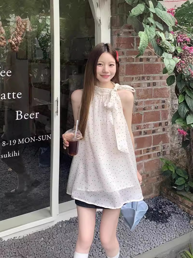 Poll Dot Neck Sleeveless Shirt Women's Summer 2024 New Korean Style Loose Casual Age-reducing Design Sense Lace-up Top