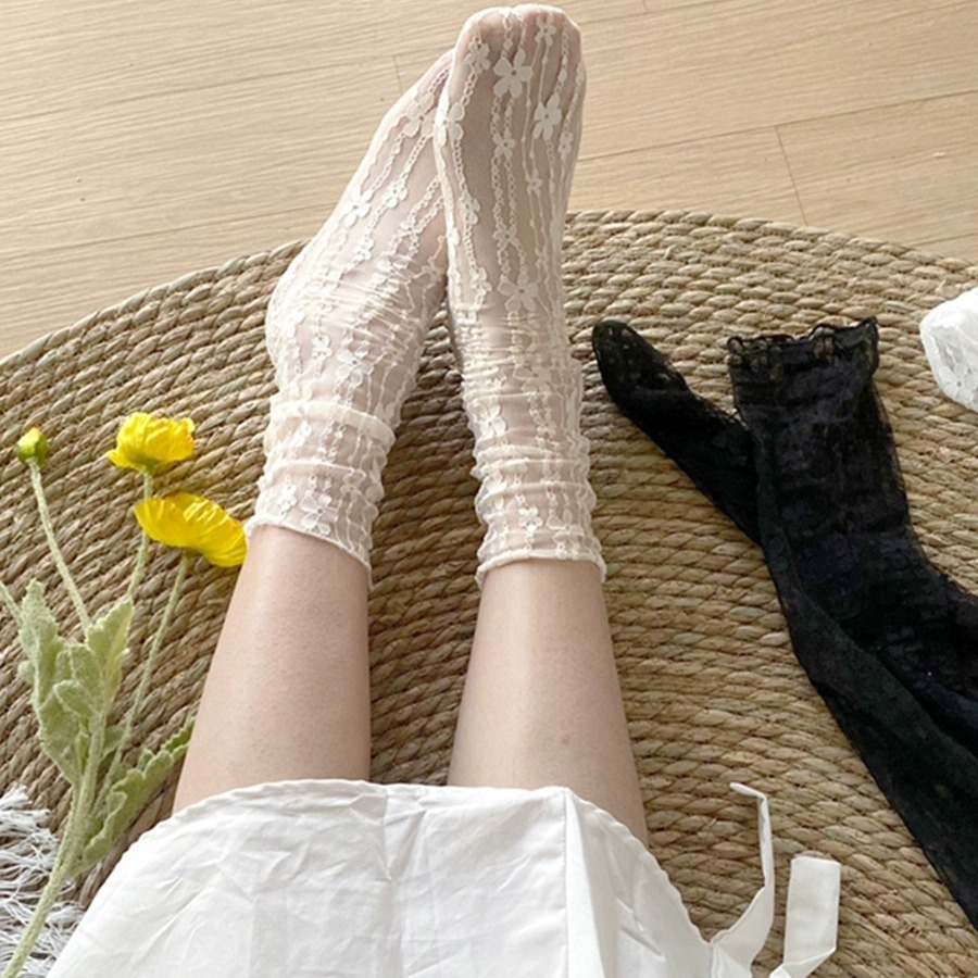 White Lace Socks Women's Mid-Calf Socks Sweet Women's Mesh Lace Summer Matchinging Mary Jane Pile Socks Thin Section