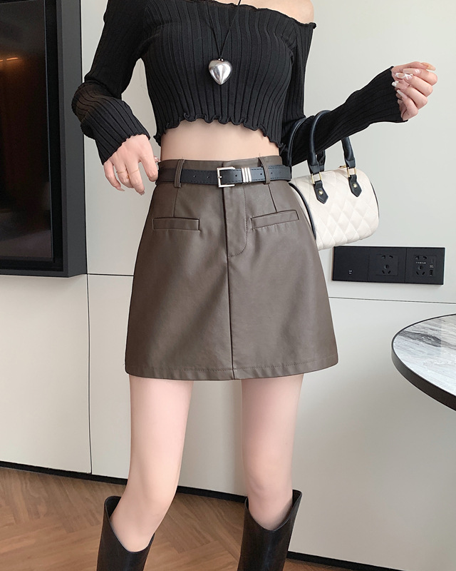 Picture of Black Leather Skirt Women's Spice Girl Skirt 2024 Autumn and Winter High Waist Straight Tube Slimming Tall A- word Anti-glare PU Skirt