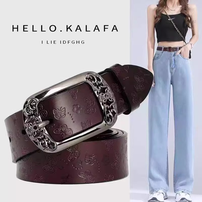 Explosions Women's Pin Buckle Cowhide Belt Women's Vintage Casual Decorative Carved Belt All-match Factory in stock