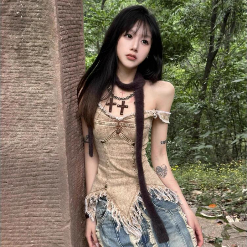 Vintage Old Ruffled Collar Camisole Women's Summer New Spice Girl Slimming Tassel Irregular Slim Top