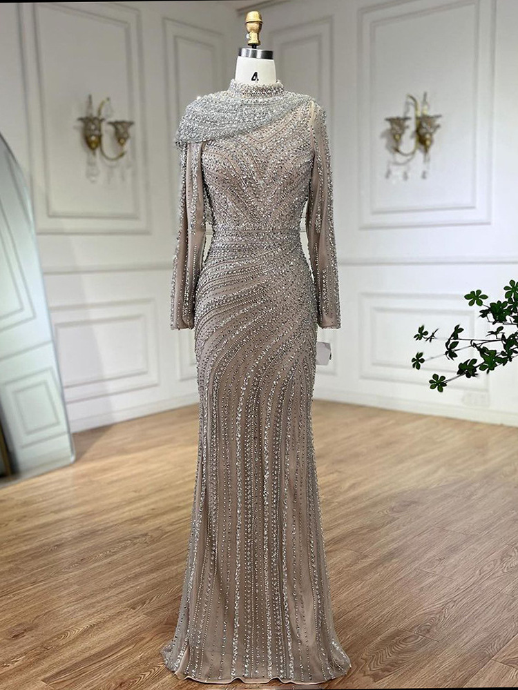 Foreign Trade Dubai Silver Nude Luxury Celebrity Fishtail Slim Queen Annual Meeting Host Evening Dress LA70752H