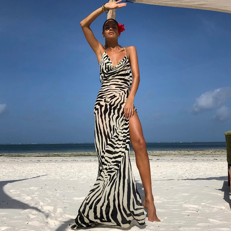 Cross-Border 2025 Summer New European and American Clothing Holiday Style Fashion Zebra Pattern Sexy Backless Halter Dress for Women