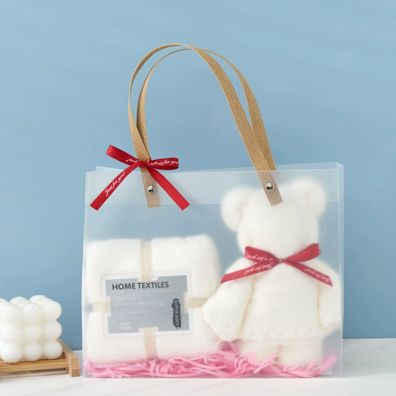 Picture of Coral Velvet Towel Pvc Double Satchel Gift Box Bear Holiday Wedding Souvenir Towel Gift Towel Embroider