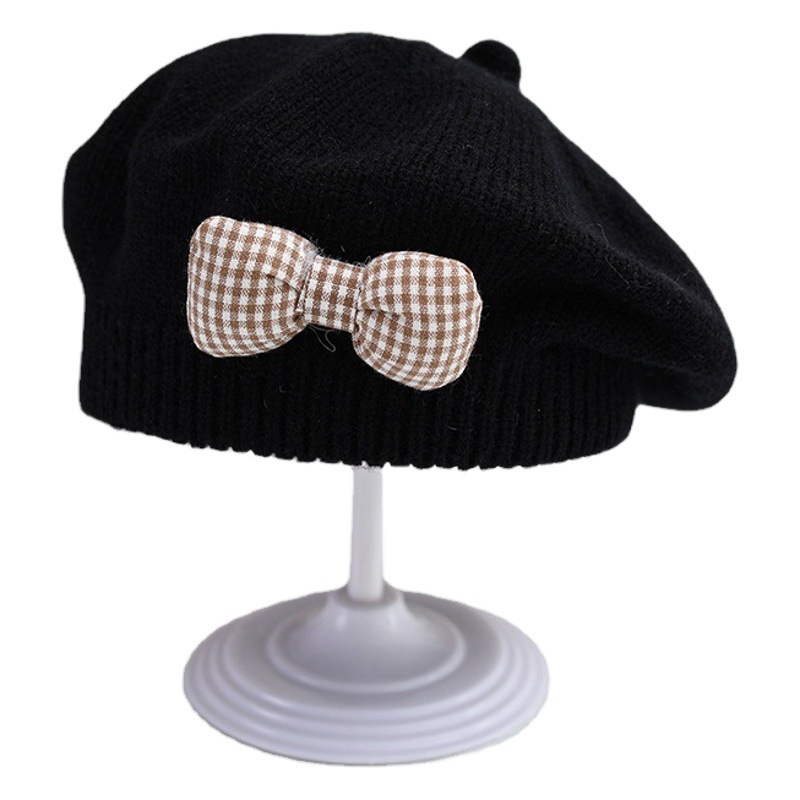 Baby Girl Autum Knitted Beret Plaid Bow Kidsren's Bear Hat Pumpkin Hat Cute Painter Hat