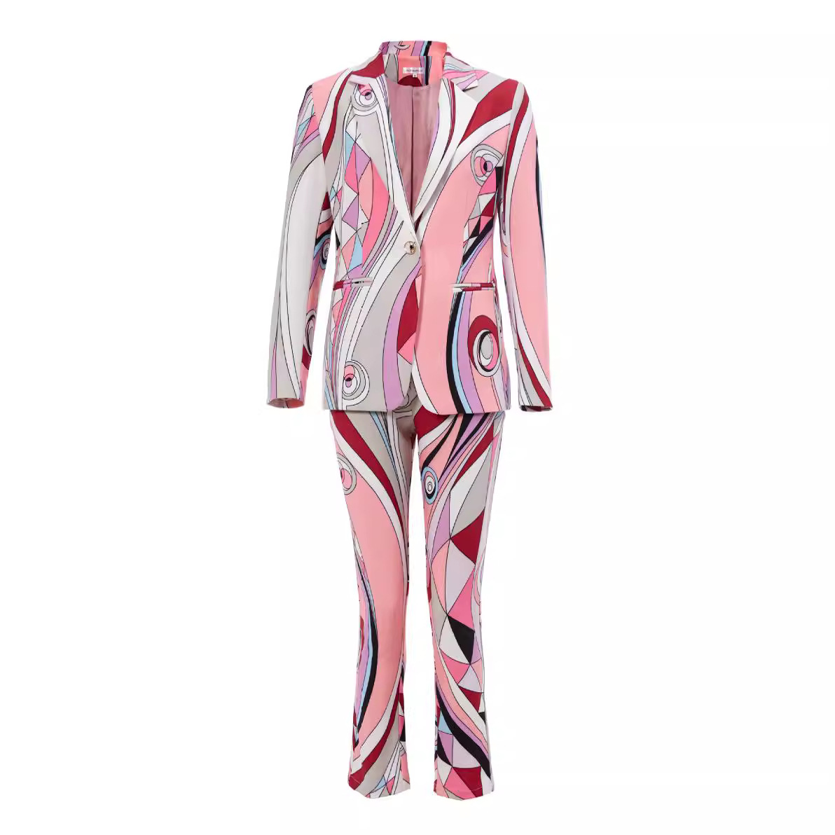 Picture of Guo'Er Spring and Autumn Quality Slim-Fit Women's Pants Suit European and American Cotton Print Elegant Pink One-Button V-Neck Suit Set