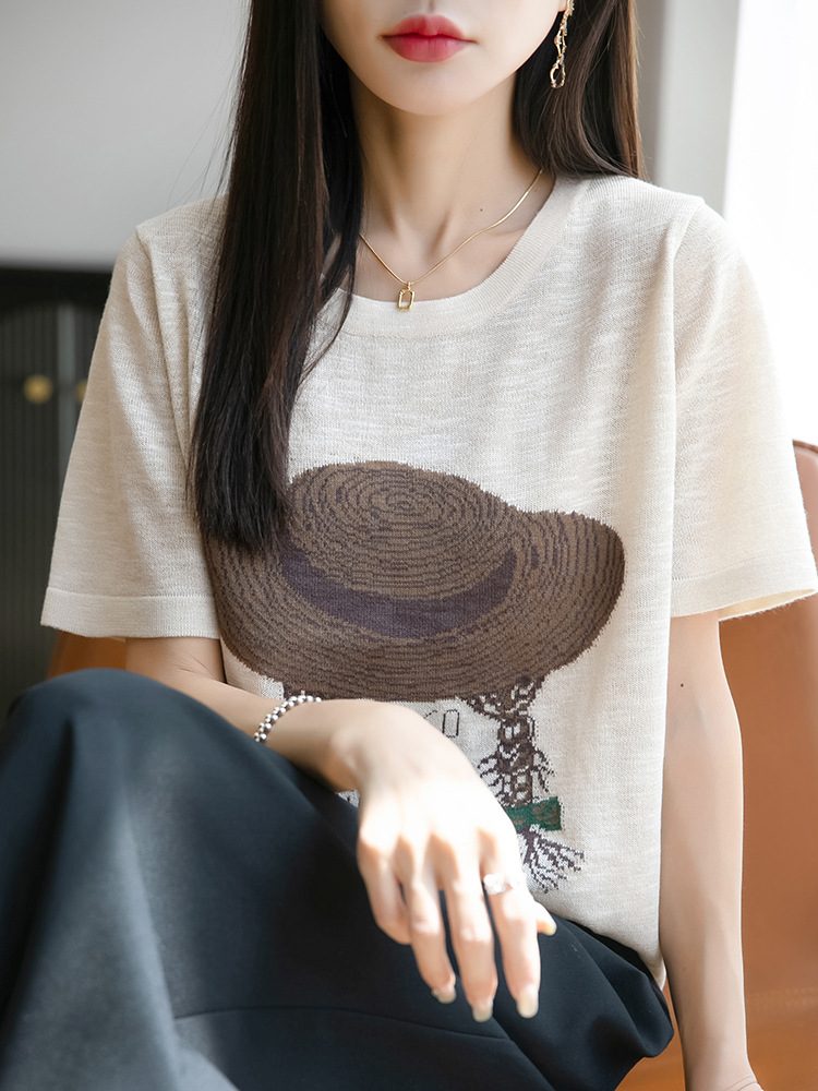 2025 New Summer Style Bamboo Linen Round Neck Short-Sleeved T-Shirt Feminine Straw Hat Girl Printed Top T-Shirt
