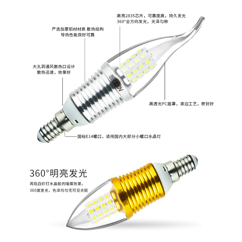 Picture of led candle bulb e14 small screw 5W7w9w12W sharp bulb pull tail light source e27 energy saving bulb wholesale