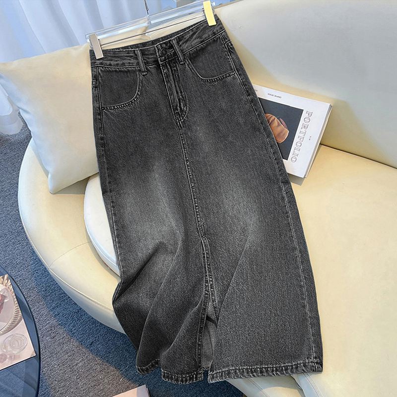 High Waist Denim Skirt Women's Spring 2024 New Spring and Autumn Design Sense Split Mid-Length Black and Grey Hip Skirt