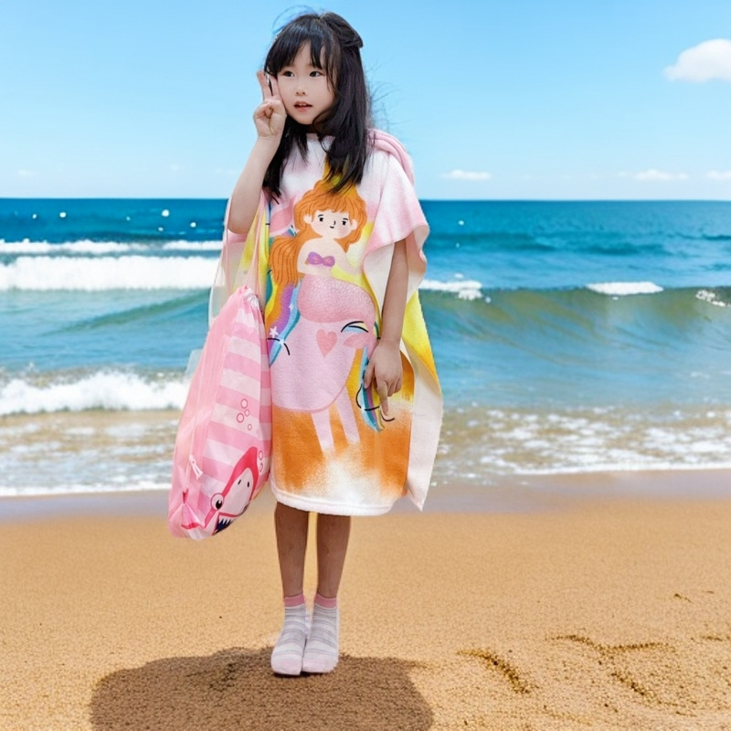 Picture of Children's Bath Towel Hooded Poncho Bathrobe Super Soft Wearable Baby Absorbent Towel for Boys and Girls Swimming