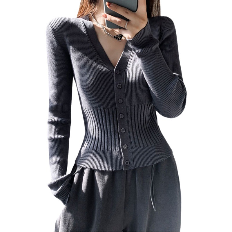 Picture of American V Neck Knitted Cardigan Female Internet Celebrity Spring & Fall Elastic Single-Breasted Sweater Sexy High-Waisted Short Crop Top