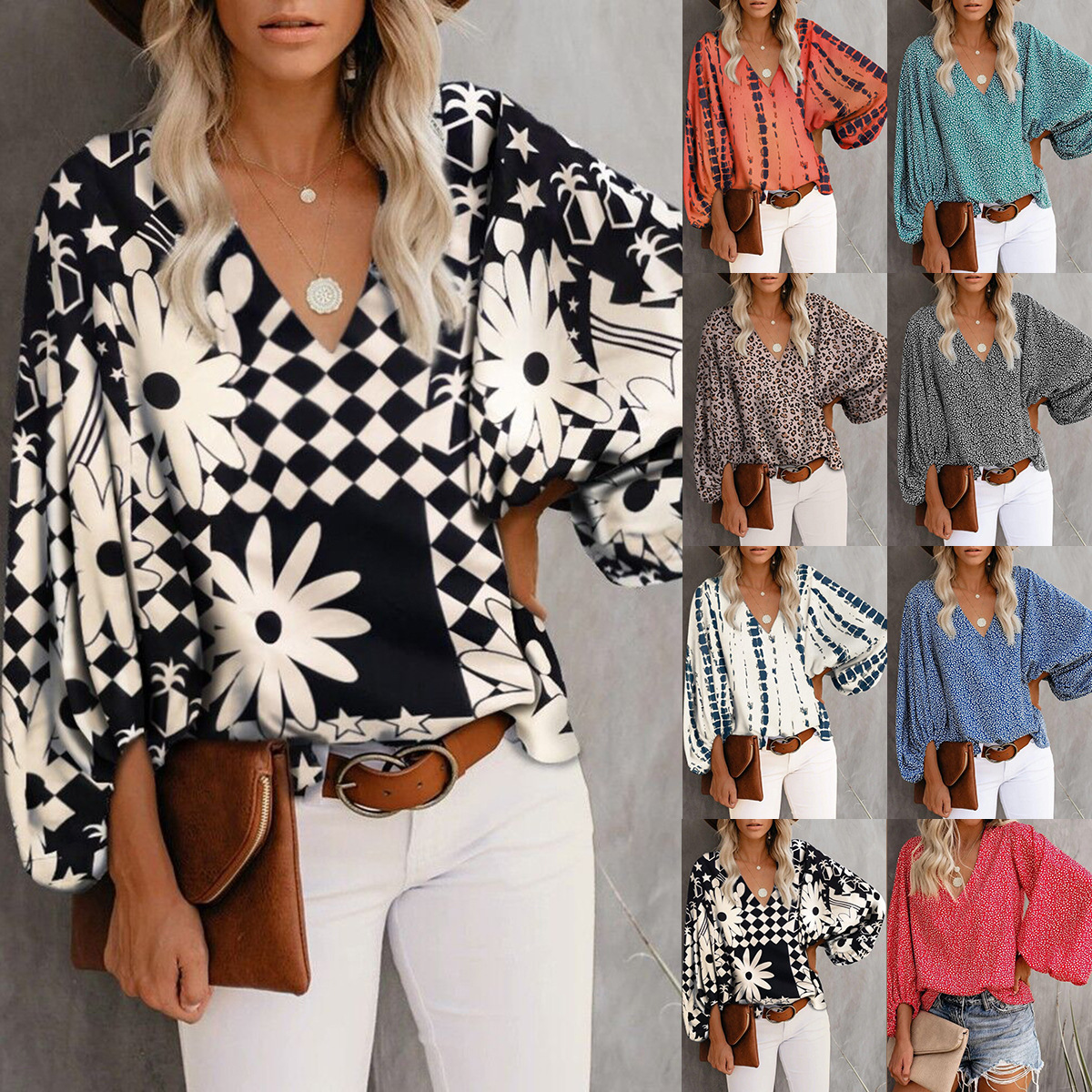 Summer 2022 Single Wish AliExpress Wish V-Neck Shirt Printed Lantern Sleeve Top Lots of in stock