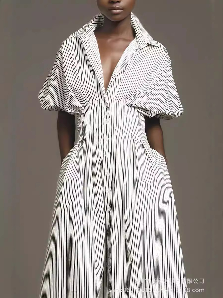 Cross-Border New Women's Fashionable Striped Age-Reducing Long Dress Large Size Loose Long Over-The-Knee Shirt Dress
