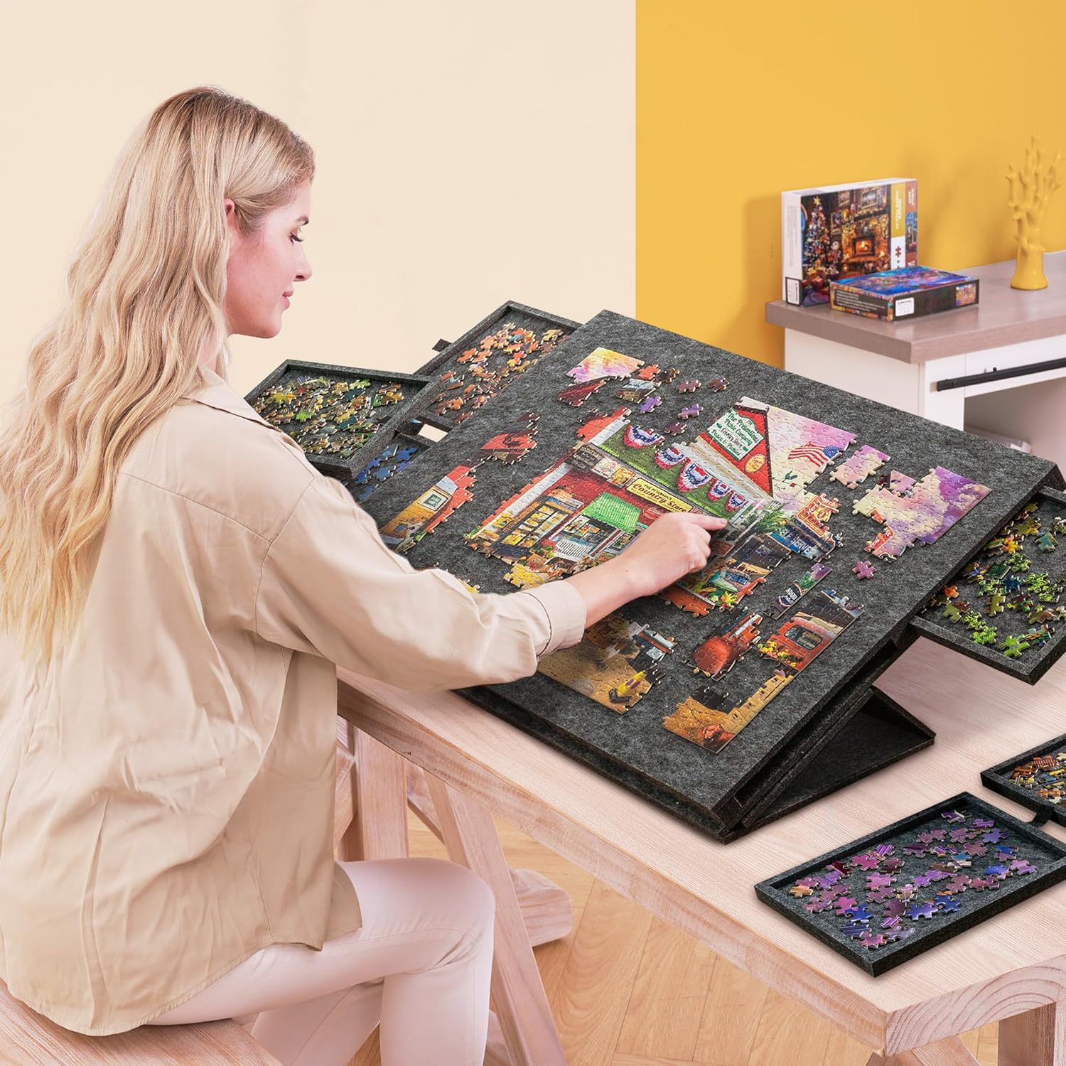 Cross-Border Puzzle Sorting Board Puzzle Table Board with Bracket Lid 6 Drawers Portable Puzzle Table Puzzle Felt Board