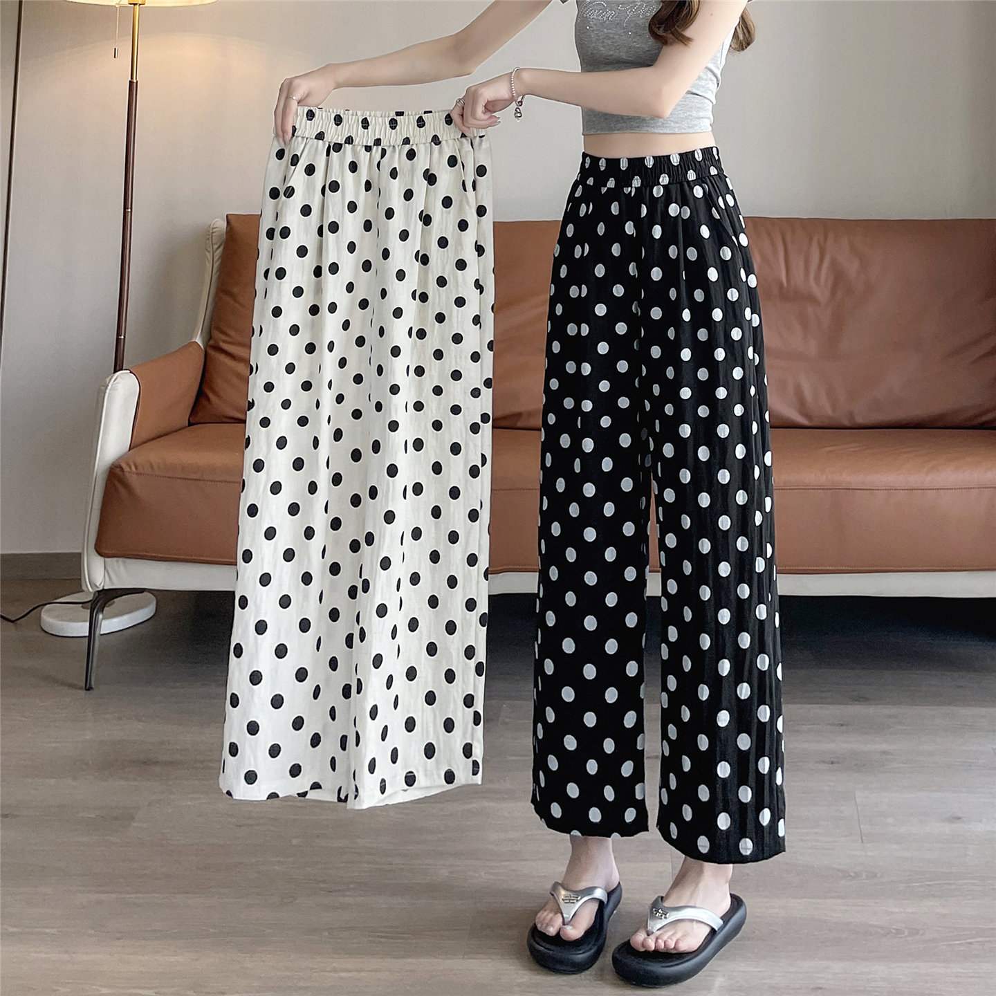 Polka Dot Ice Silk Wide-Leg Pants for Women 2025 Summer Thin Style Petite Drape Loose Cropped Casual Straight Pants A4886